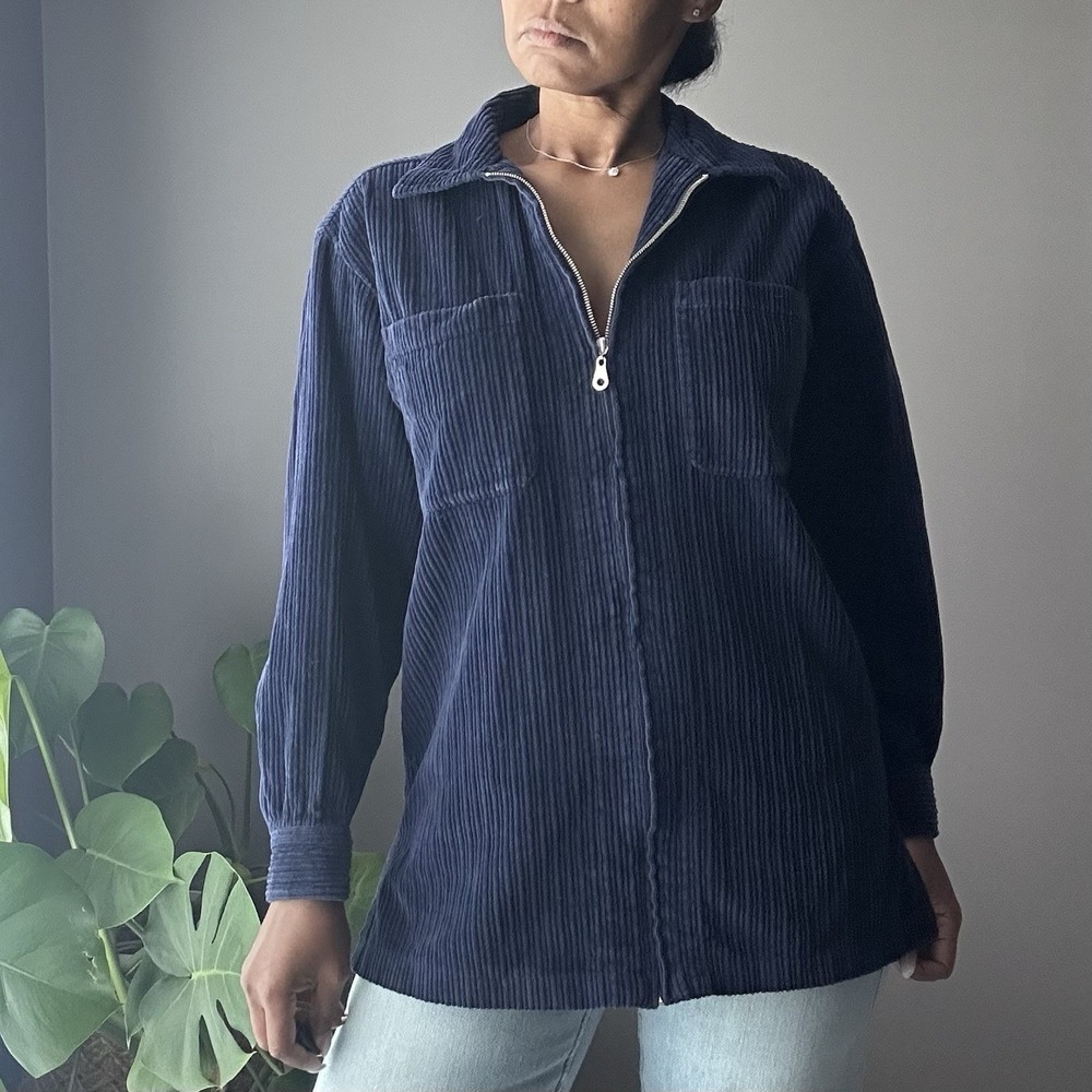 Vintage Corduroy Full Zip Shirt Jacket Women's S Navy Blue 100% Cotton Retro 90s